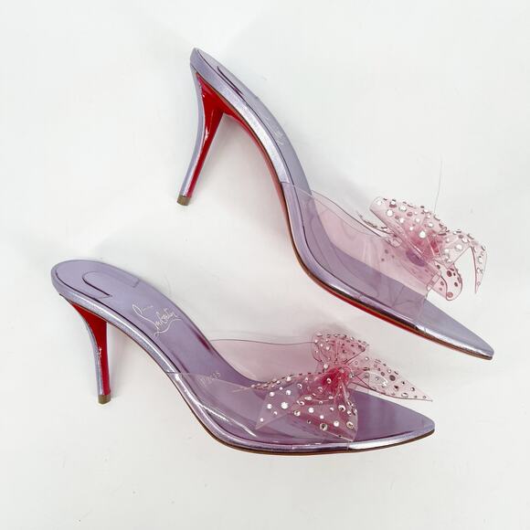 Christian Louboutin Aqua Strass PVC Pink Crystal Bow Pointed Toe Mules EU 37.5 - Picture 3 of 13
